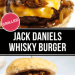 A Whiskey Burger with melted cheese and grilled onions, served on a bun with a side of fries. Text in the center reads "Grilled Jack Daniels Whisky Burger.
