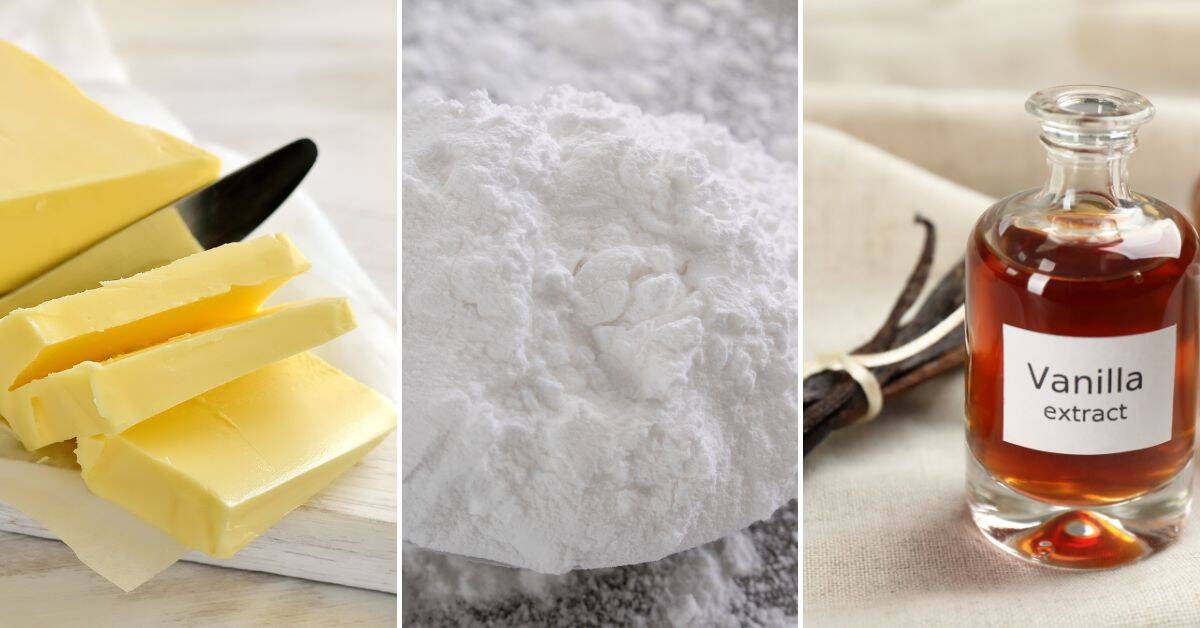 Sliced butter, a mound of powdered sugar, and a bottle of vanilla extract are shown side by side on a light background.