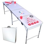 A portable beer pong table that has two sides of drink holders and collapses easily.