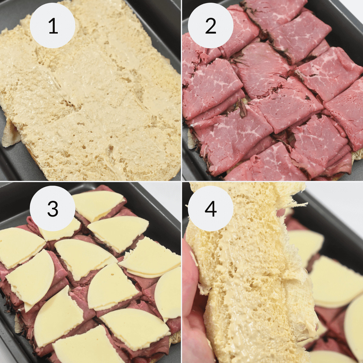 A series of photos demonstrating how to make juicy sanddwiches.
