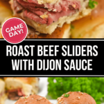 A collage of roast beef sliders with sauce.