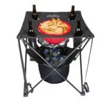 A tailgaiting table with 4 cup holders, a plate holder and a bucket on the bottom to keep drinks cold.