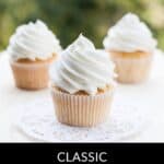 Three vanilla cupcakes topped with swirls of white buttercream frosting are displayed on a white surface, with "Classic Vanilla Buttercream Frosting Recipe" text at the bottom.