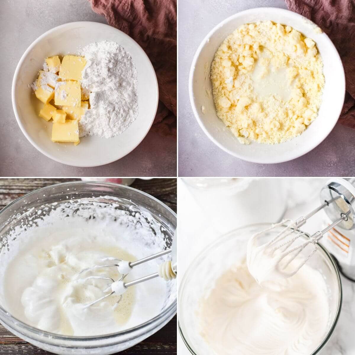 Four-step Vanilla Buttercream Frosting Recipe: mix butter and sugar, add cream, beat with a hand mixer, and enjoy the final creamy whipped texture in a glass bowl.