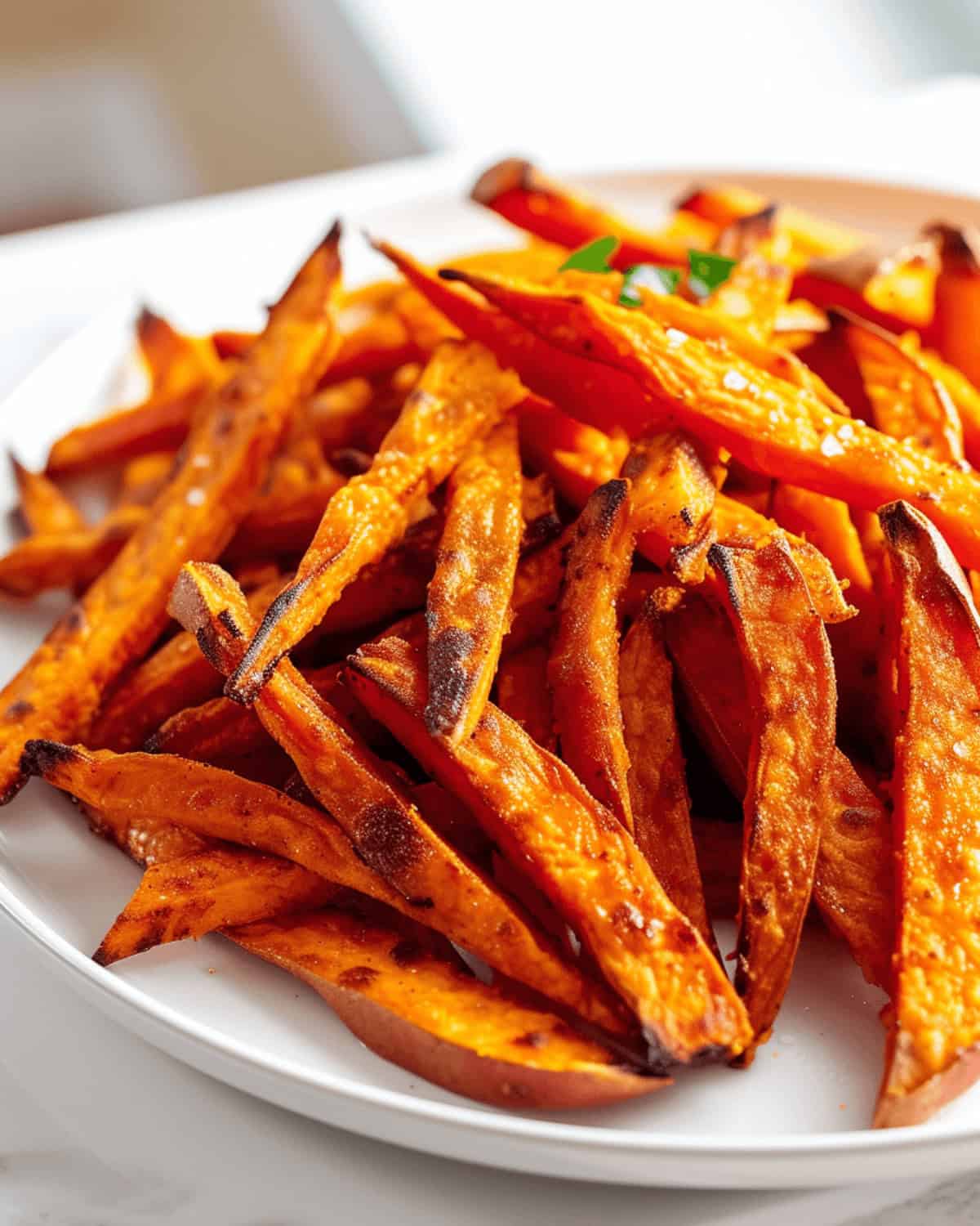 A plate of baked sweet potato fries.