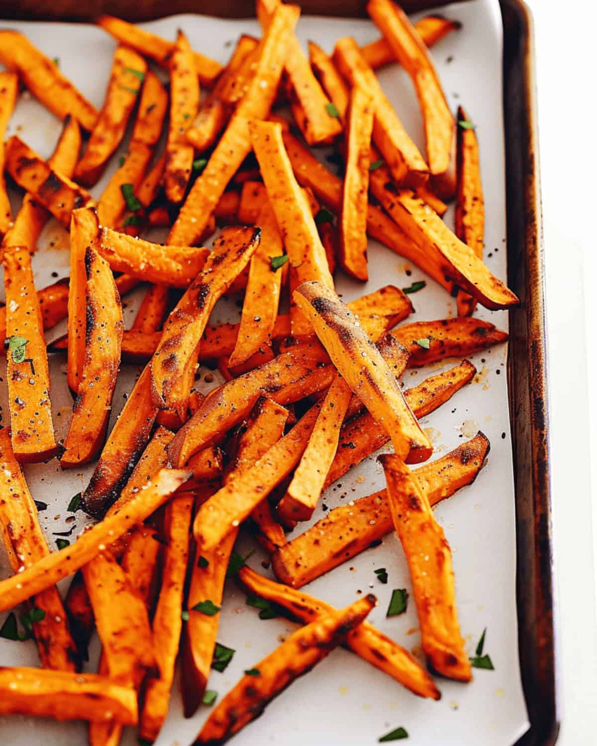 A tray of baked sweet potato fries.