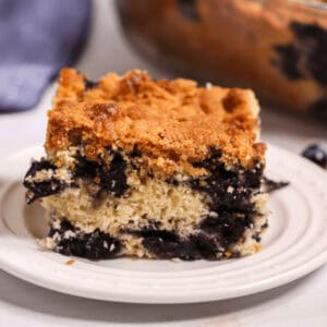A slice of Blueberry Crumb Cake with a golden brown crust rests on a white plate. A larger portion of the cake is visible in the background.