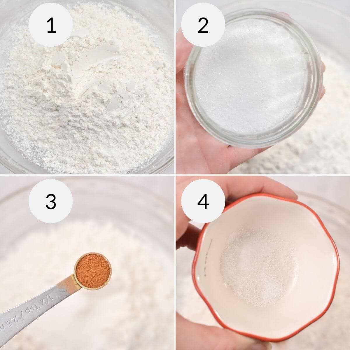 A collage of four images showing step-by-step ingredients for a Blueberry Crumb Cake recipe: 1. flour in a bowl, 2. sugar in a small glass, 3. a spoonful of cinnamon, 4. baking powder in a small bowl.