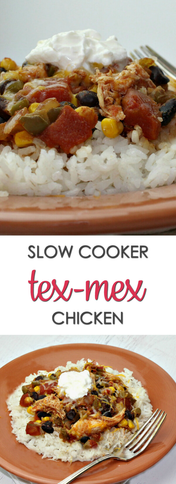 Close up and Wide Picture of Slower Cooker Tex Mex Chicken with White Rice and Sour Cream on a Orange Plate with a Metal Fork. 