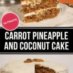 A carrot cake with pineapple and coconut, garnished with nuts and cream cheese frosting.