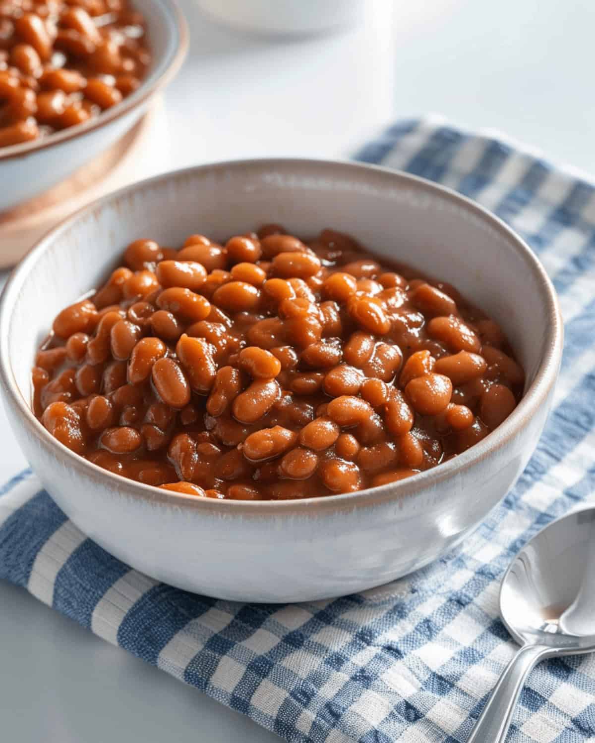 A bowl of crock pot baked beans in tomato sauce placed on a blue and white checkered cloth with a spoon beside it.
