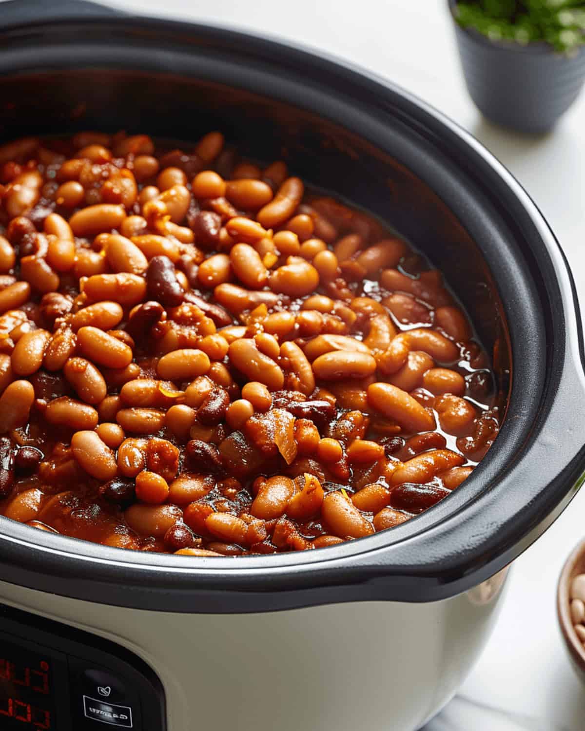 Close-up of a crock pot filled with baked beans in a rich tomato sauce.
