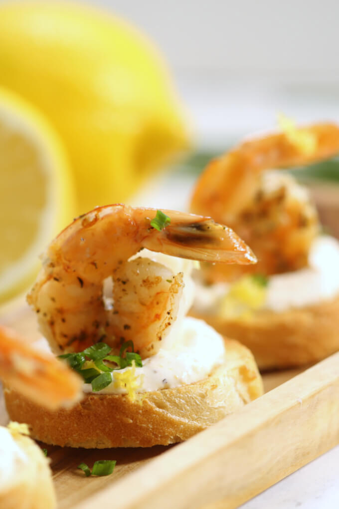This Creamy Shrimp Bruschetta is one of my favorite easy shrimp appetizers.  It's easy to make but looks so elegant.  Plus, you can serve it hot or cold.