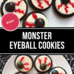 A plate of eyeball cookies decorated to resemble monster eyes, complete with candy irises and red frosting veins.
