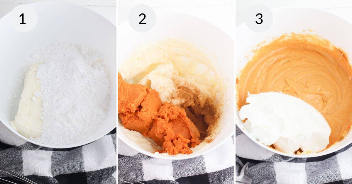 Three-step process for a delightful Pumpkin Dip: 1) flour in a bowl, 2) addition of pumpkin puree and spices, 3) smooth pumpkin batter with cream on top.