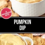 A white bowl of creamy pumpkin dip is surrounded by round crackers, highlighted with a label that reads "4 Ingredients," and a text overlay proclaiming "Delicious Pumpkin Dip.