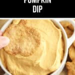 A hand holds a pumpkin-shaped cracker poised over a bowl of creamy pumpkin dip. The label proudly reads "4 Ingredients." This delightful Pumpkin Dip is perfect for autumn gatherings.