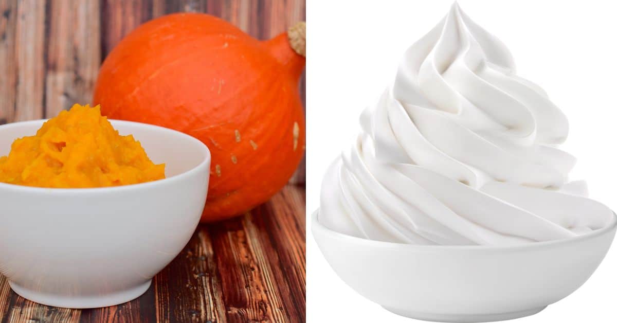 A white bowl of mashed pumpkin sits beside a whole pumpkin, while another bowl showcases swirled whipped cream. This delightful setup hints at creating a creamy pumpkin dip perfect for any autumn gathering.