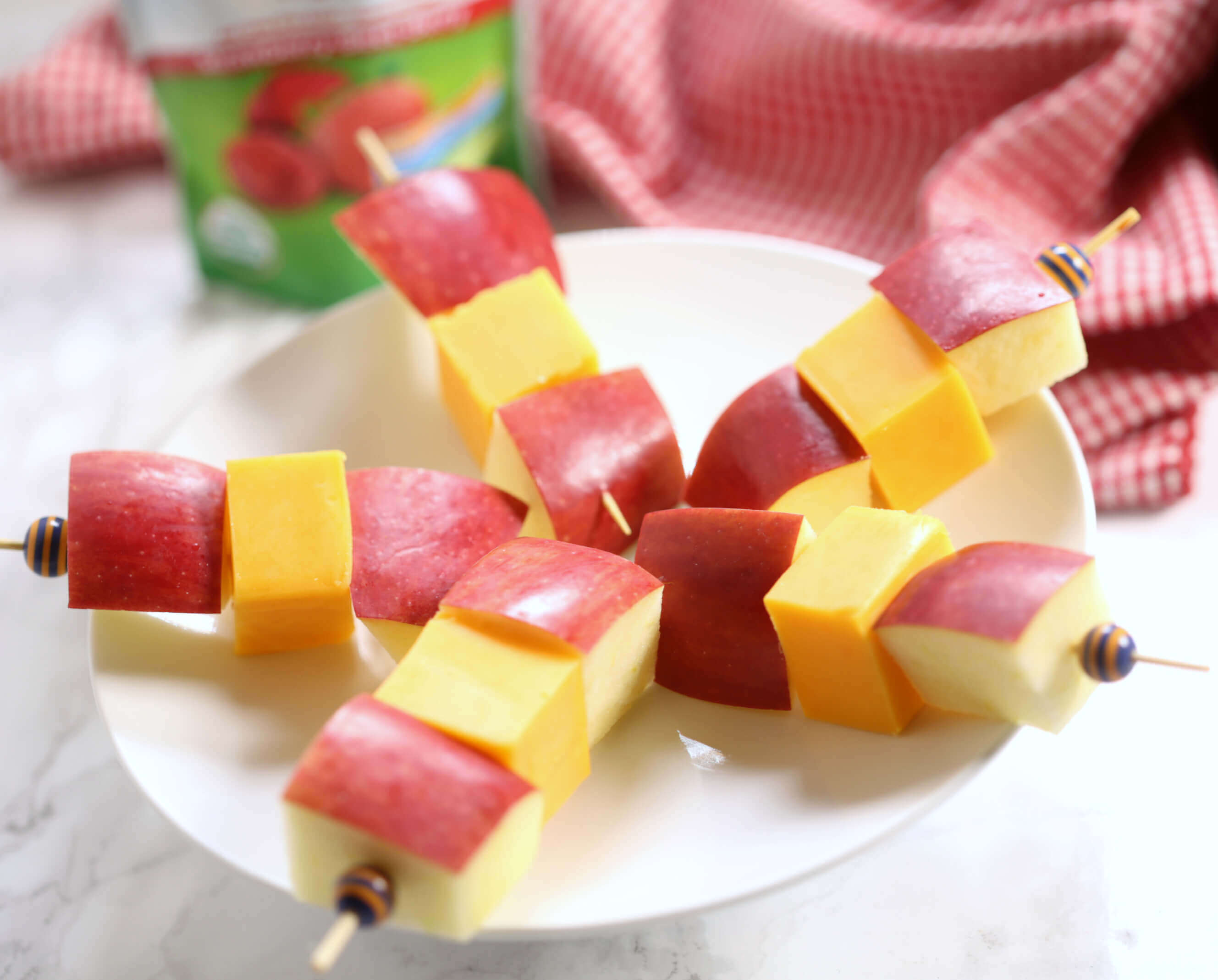 These Apple Cheddar Kabobs are an easy, kid-friendly snack idea.  They are portable, wholesome, and can be customized to fit your family's tastes.