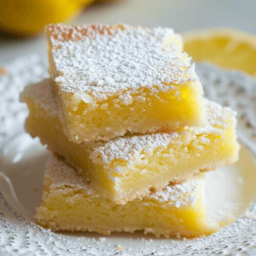 Delicious lemon bars dusted with powdered sugar served on a plate.
