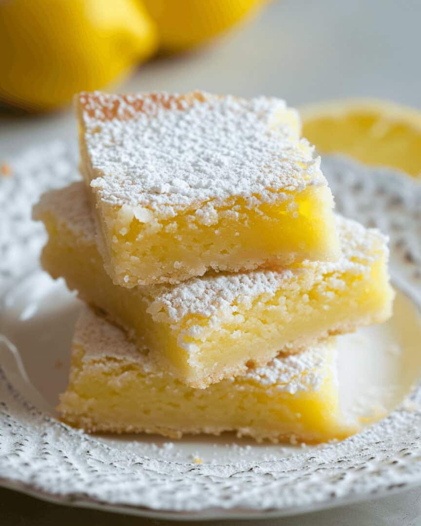 Delicious lemon bars dusted with powdered sugar served on a plate.