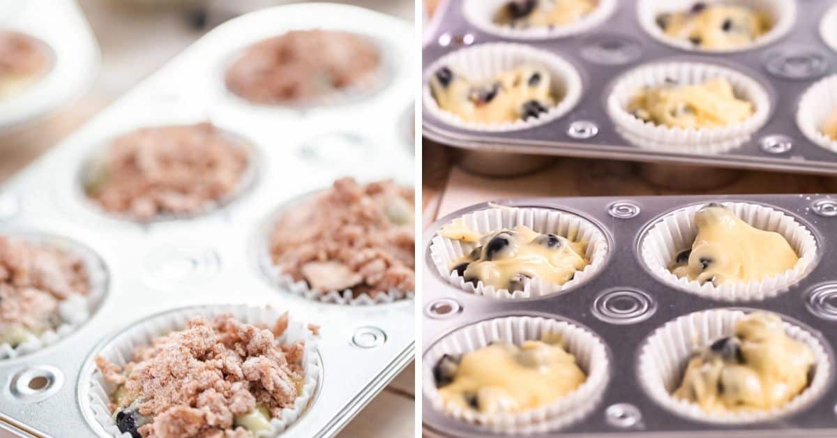 Two muffin trays with paper liners: the left holds unbaked Blueberry and Buttermilk Muffins topped with crumb topping, while the right displays unbaked muffins showcasing visible blueberries in the batter.