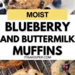 Close-up of freshly baked Blueberry and Buttermilk Muffins on a cooling rack and parchment paper, with text overlay promoting the delicious recipe.