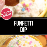 A finger pointing to a vanilla cookie being dipped into a bowl of funfetti dip garnished with colorful sprinkles.