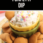 A bowl of funfetti dip topped with colorful sprinkles, served with funfetti dip-flavored vanilla wafers on a yellow plate.
