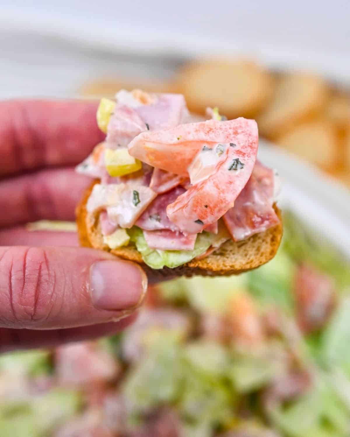 Italian Hoagie dip on a baguette slice. 