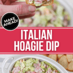 The finished dip in a bowl and on a cracker.