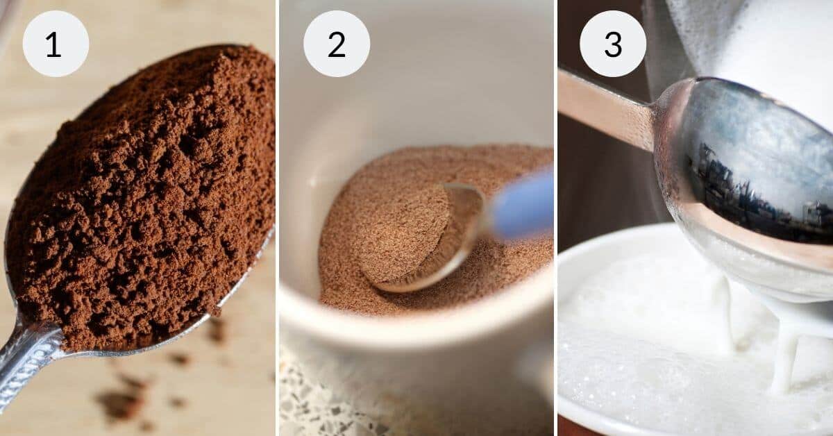 Step-by-step process of making a Mocha Latte: 1) Spoonful of cocoa powder, 2) Add cocoa powder to the cup, 3) Pour milk into the cup.