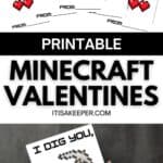 A hand holds a Minecraft Valentines card reading "I DIG YOU, VALENTINE" with a pixelated pickaxe and three pixel hearts; several similar cards featuring this fun design are shown above.