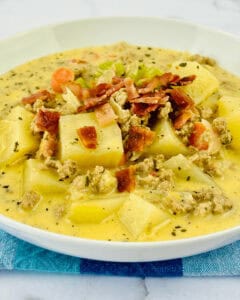 A bowl of bacon cheeseburger soup.