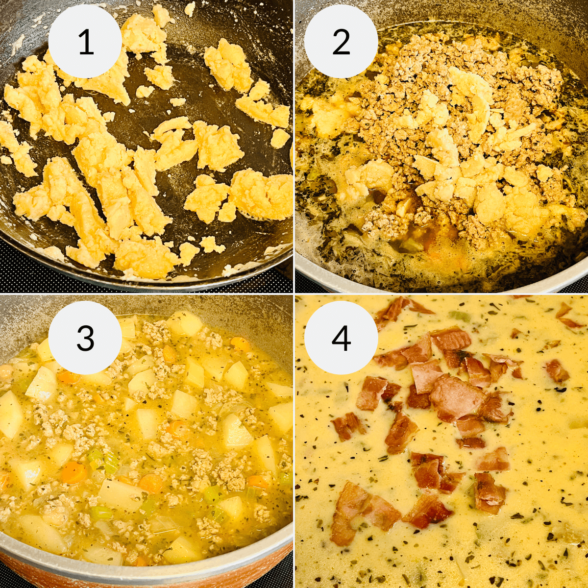 A series of photos showing how to make a delicious cheeseburger soup with bacon.