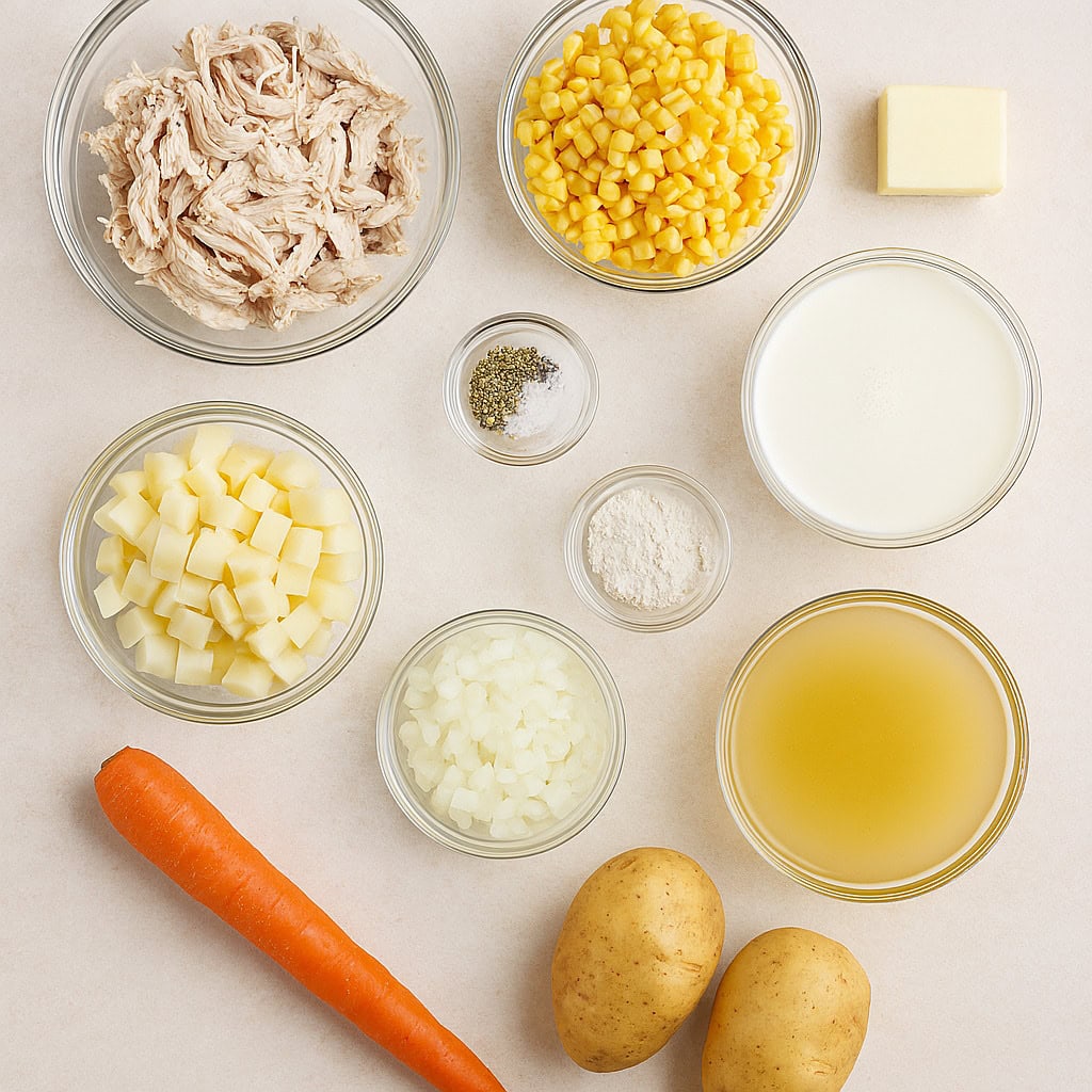 Top-down view of Chicken Corn Soup ingredients in bowls, featuring shredded chicken, corn, chopped potatoes, diced onions, broth, milk, butter, flour, salt, pepper, a whole carrot, and whole potatoes.