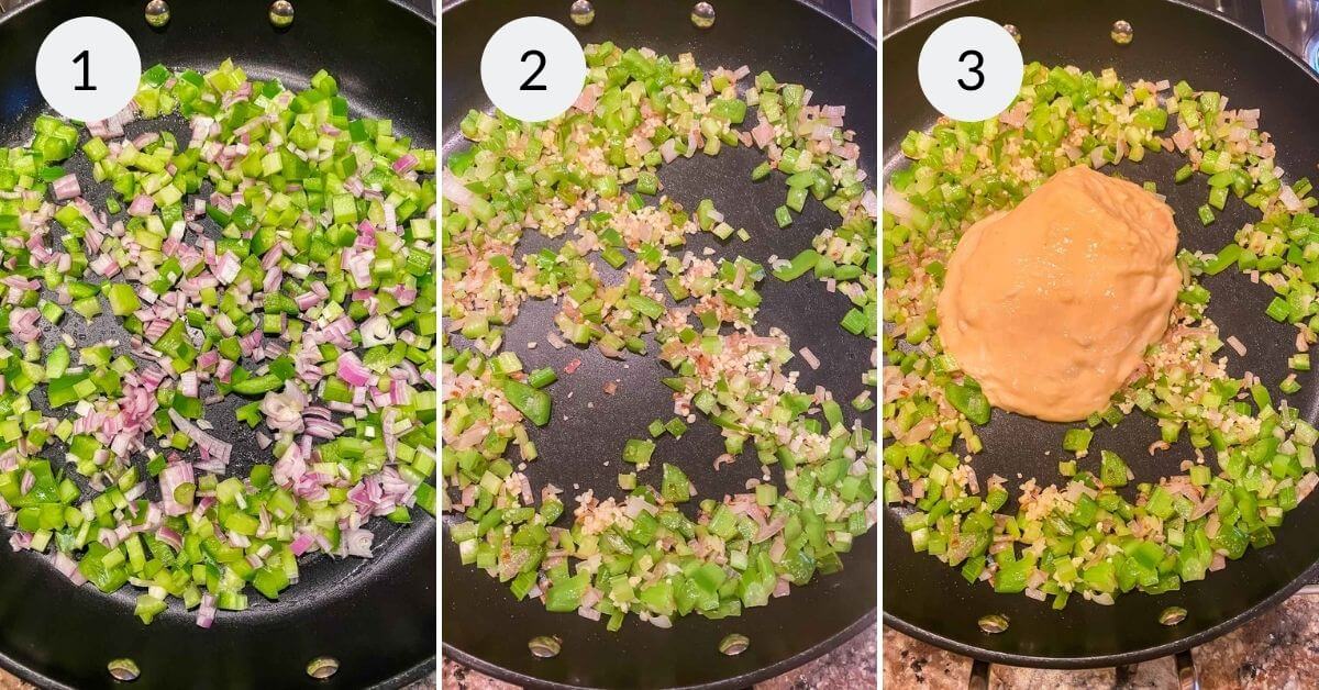 Three stages of cooking: chopped vegetables being sautéed in a pan, followed by the addition of creamy garlic sauce.
