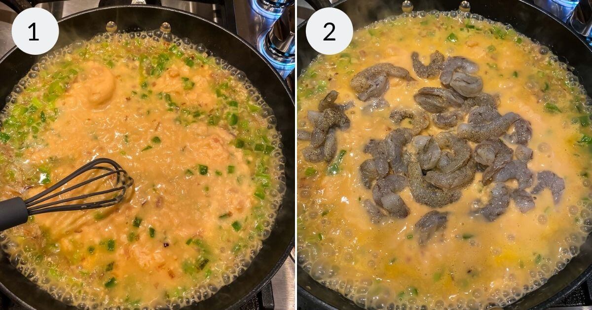 Step 1: whisking ingredients in a bubbling saucepan. Step 2: adding creamy garlic shrimp to a simmering sauce.
