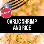 Creamy Garlic Shrimp and Rice on a fork with a sauce, served over rice garnished with green onions.