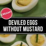 Plate of deviled eggs garnished with chives, made without mustard.
