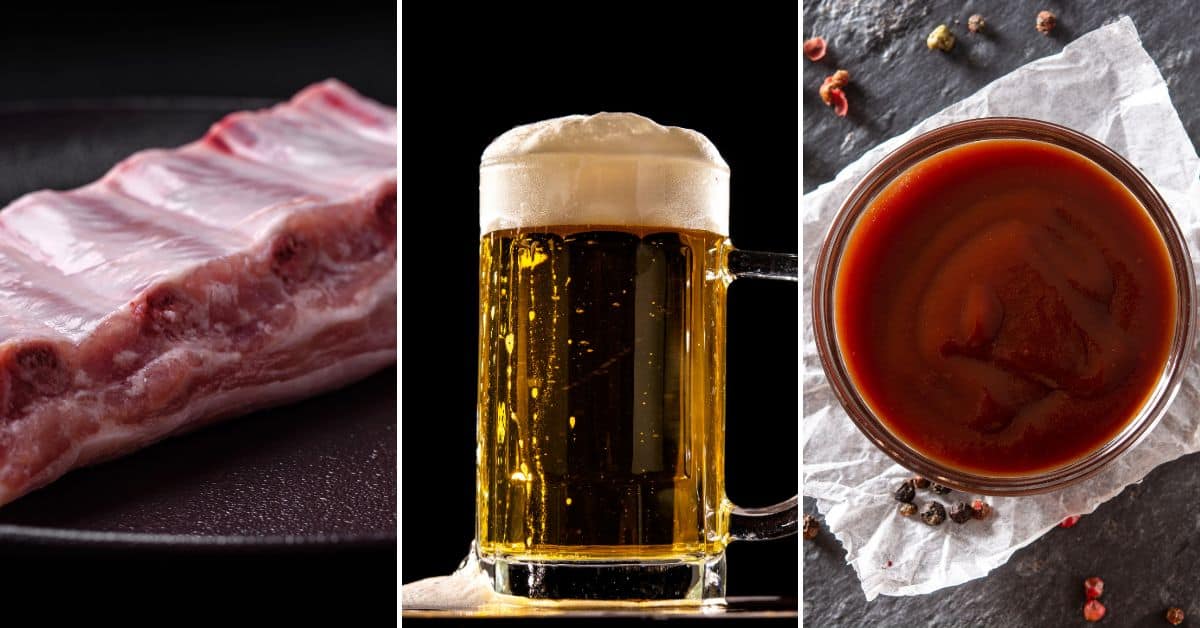 Instant Pot Baby Back Ribs, a frothy glass of beer, and a bowl of barbecue sauce with peppercorns rest invitingly on parchment paper.