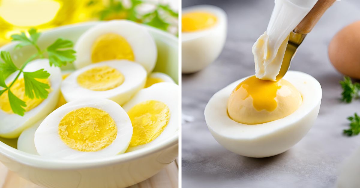 Halved hard-boiled eggs with one being seasoned with a spicy sauce.