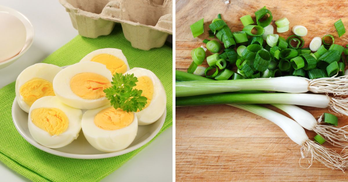 Cooked hard boiled eggs and green onion.