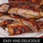 A plate of tender glazed baby back ribs stacked high. Text at the bottom reads: "Easy and Delicious Instant Pot Ribs for Your Next Feast.
