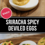 A plate of spicy deviled eggs garnished with green onions, labeled as an easy recipe.