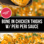 A forkful of the instant pot bone in chicken thighs with peri peri sauce.