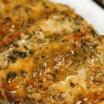 Close-up of seasoned and cooked salmon fillets with a herb glaze, artfully arranged beside pan-seared pork chops, served on a pristine white plate.