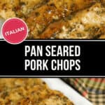 Pan-seared pork chops are elegantly presented on a pristine white plate, enhanced with Italian-style herbs and a luscious sauce.