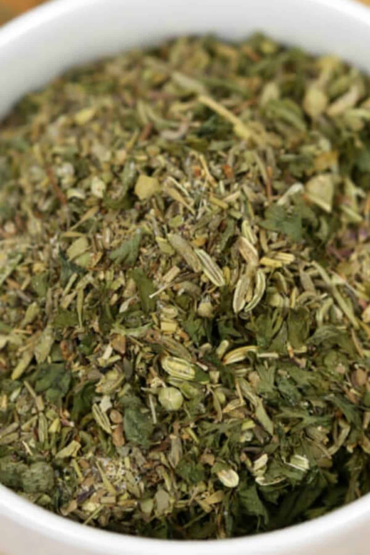 A white bowl filled with the blend.