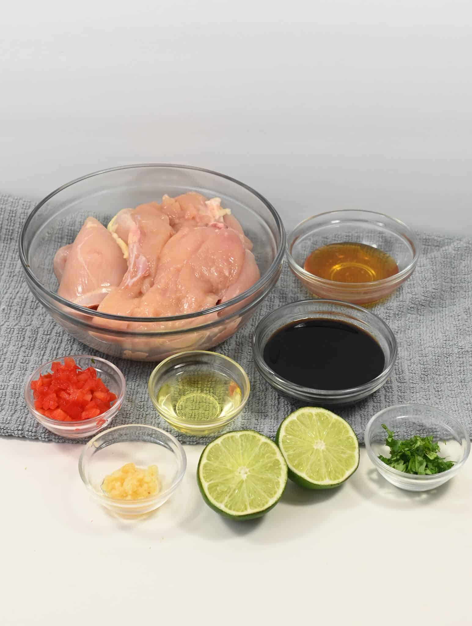 The ingredients needed to make the dish. Including the meat and fruit.